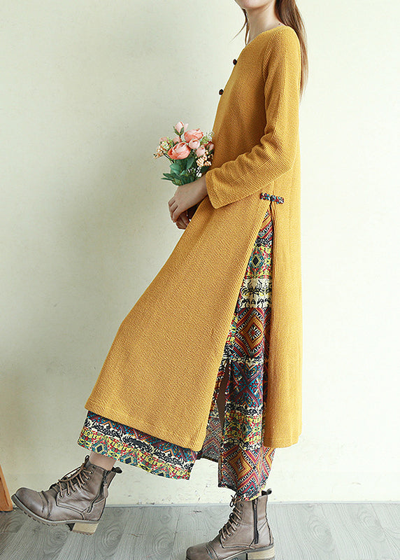 Yellow Button V Neck Patchwork Long Dresses Long Sleeve