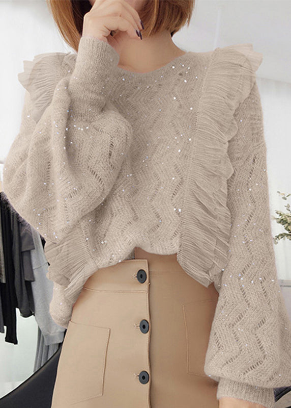 Apricot Ruffled Sequins Knit Two Pieces Set Spring