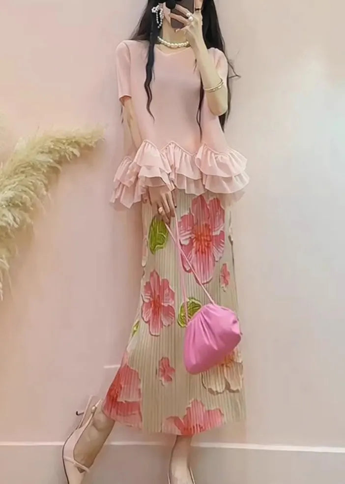 Pink Ruffled Patchwork Jacquard Silk Two Pieces Set Summer