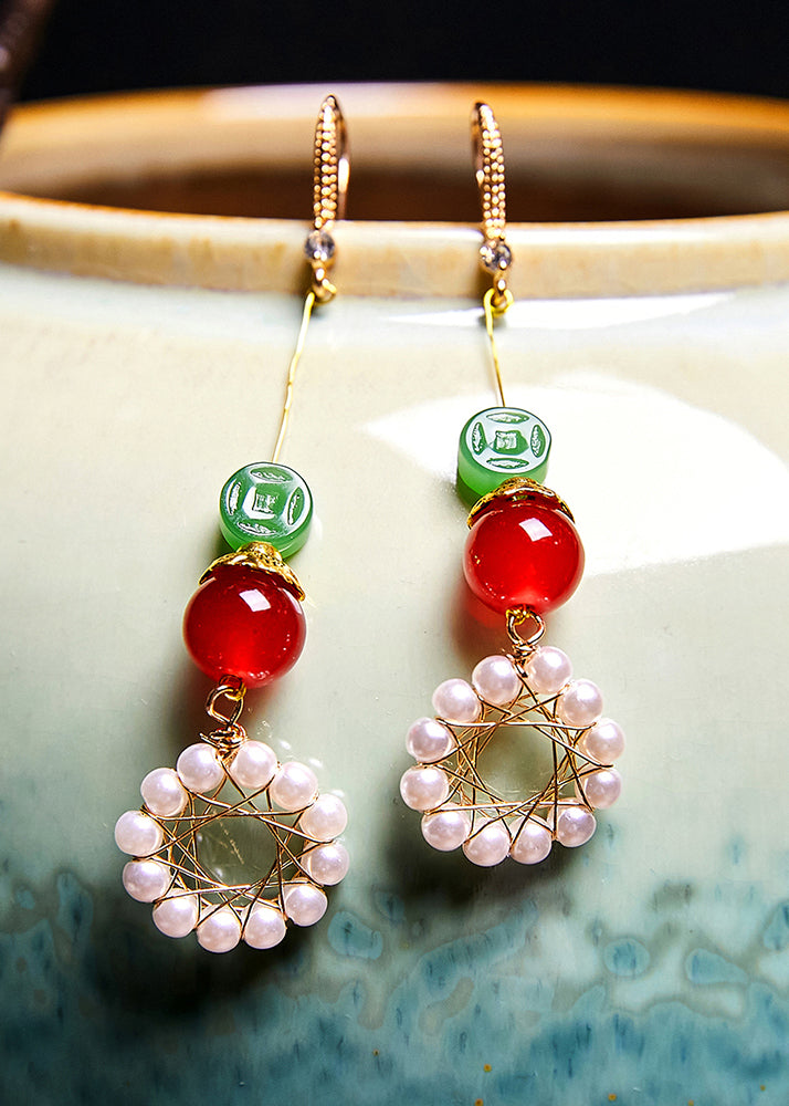 Sunflower Pearl Coral Long Drop Earrings