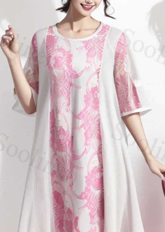 Natural Rose Oversized Patchwork Silk Vacation Dresses Summer