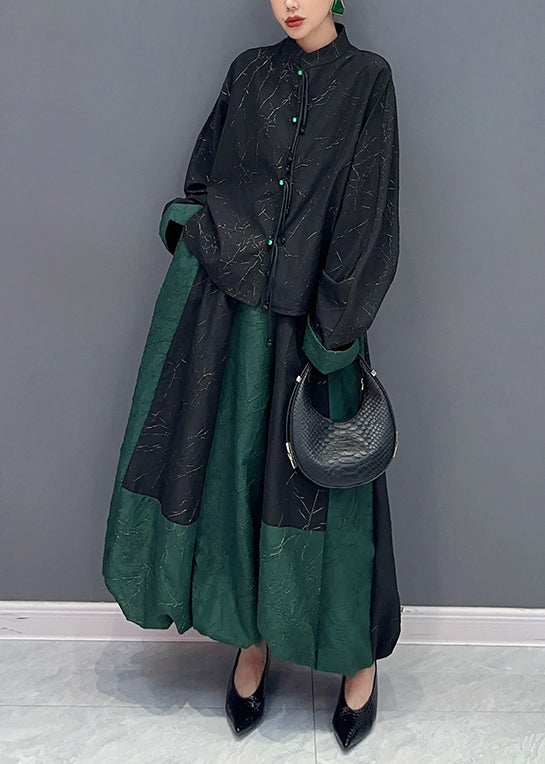 Black Green Stand Collar Tasseled Patchwork Cotton Two Piece Set Fall