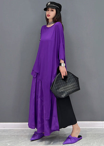Novelty Purple Asymmetrical Design Patchwork Off the Shoulder Cotton Two Pieces Set Summer