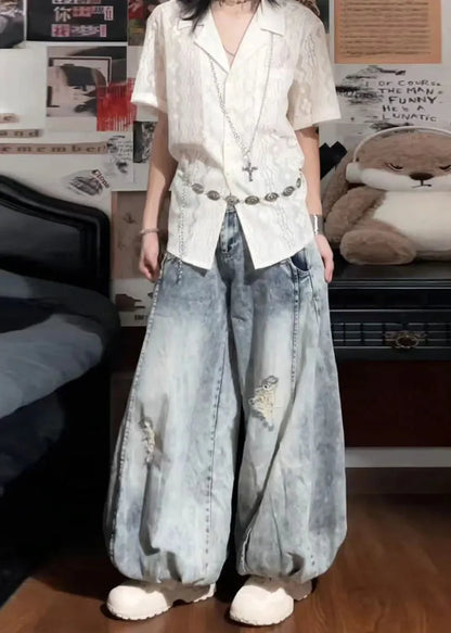 Light Blue High Waist Denim Ripped Jeans Spring