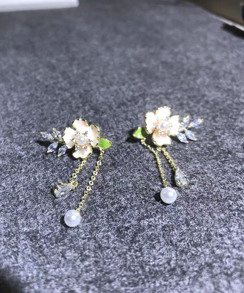 Gold Alloy Zircon Pearl Dripping Glaze Tassel Drop Earrings
