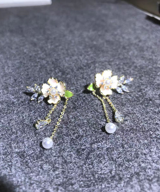 Gold Alloy Zircon Pearl Dripping Glaze Tassel Drop Earrings