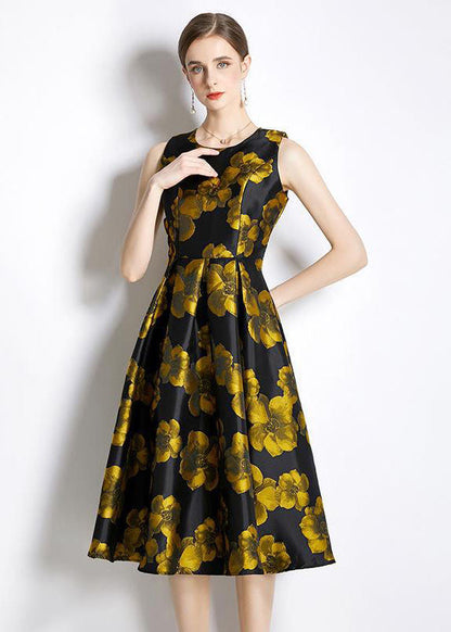 Yellow O-neck Print Silk a Line Dress Sleeveless