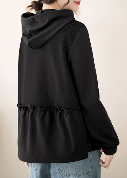 Black Patchwork Cotton Hooded Pullover Asymmetrical Fall