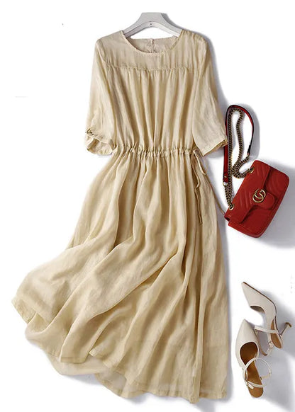 Light Khaki O Neck Lace Up Cotton Dress Summer