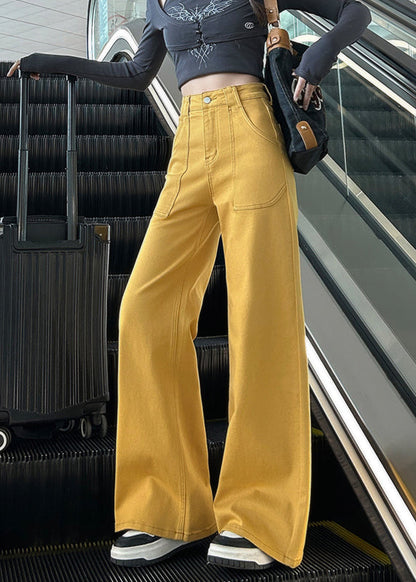 Yellow High Waist Pockets Denim Straight Pants Fall