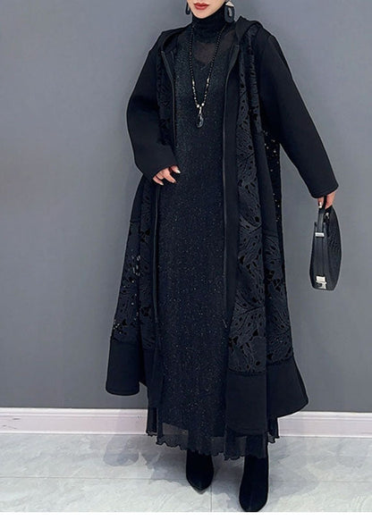 Black Pockets Hollow Out Maxi Hooded Trench Coats Long Sleeve Fall