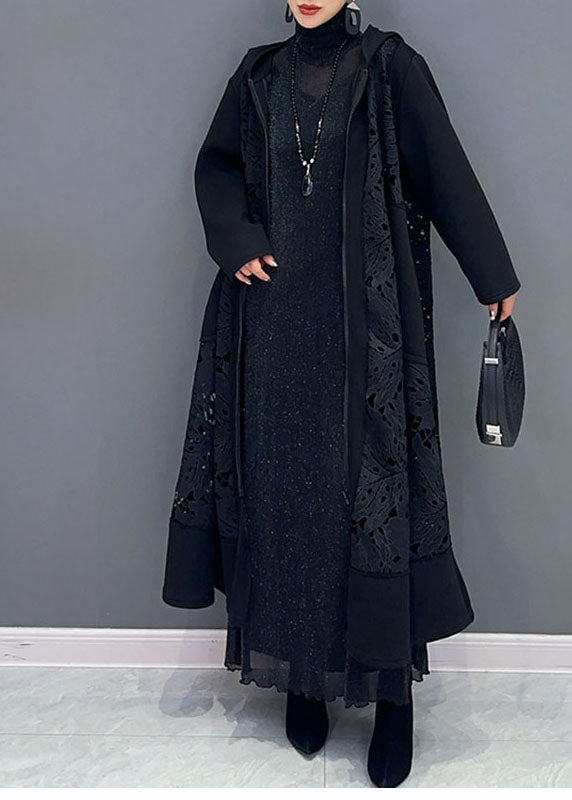 Black Pockets Hollow Out Maxi Hooded Trench Coats Long Sleeve Fall
