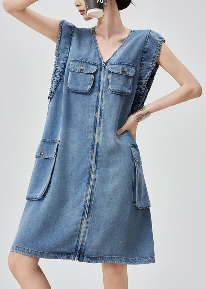 Original Blue V Neck Zippered Pockets Denim Mid Dress Sleeveless Summer