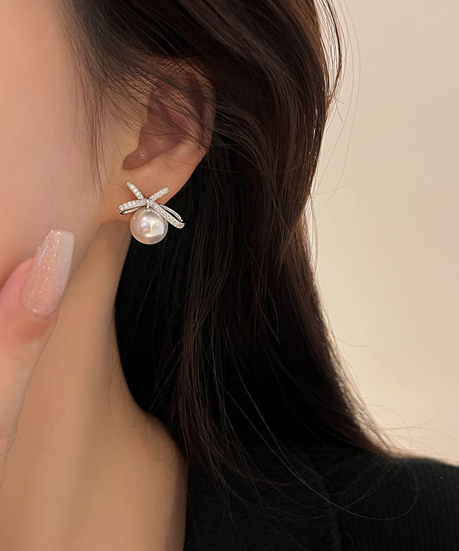 White Sterling Silver Pearl Bow Stud Earrings