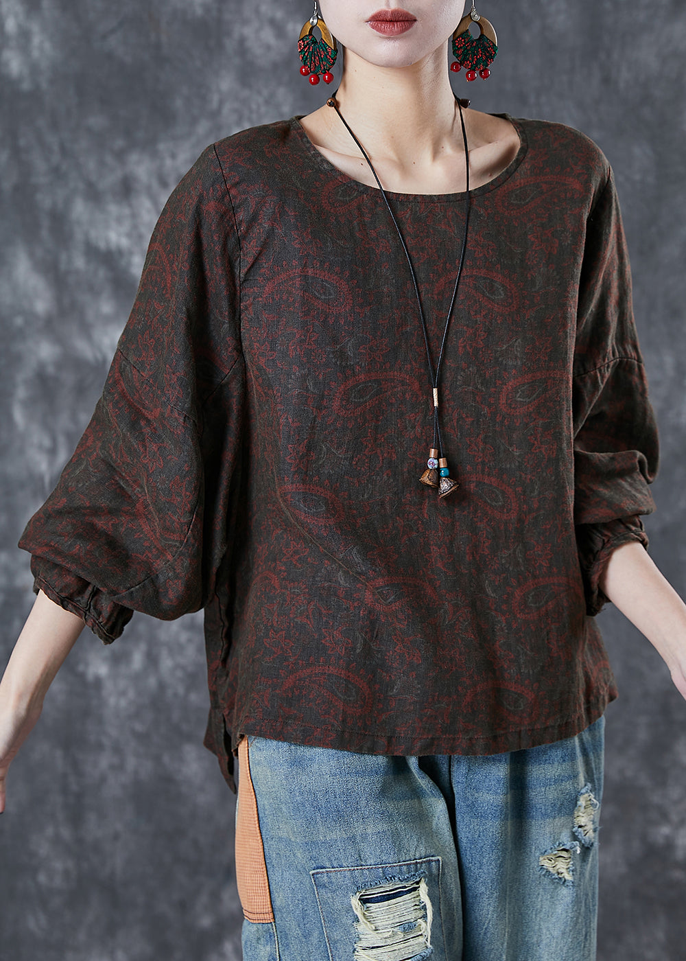 Chocolate Oversized Print Linen Shirt Tops Fall