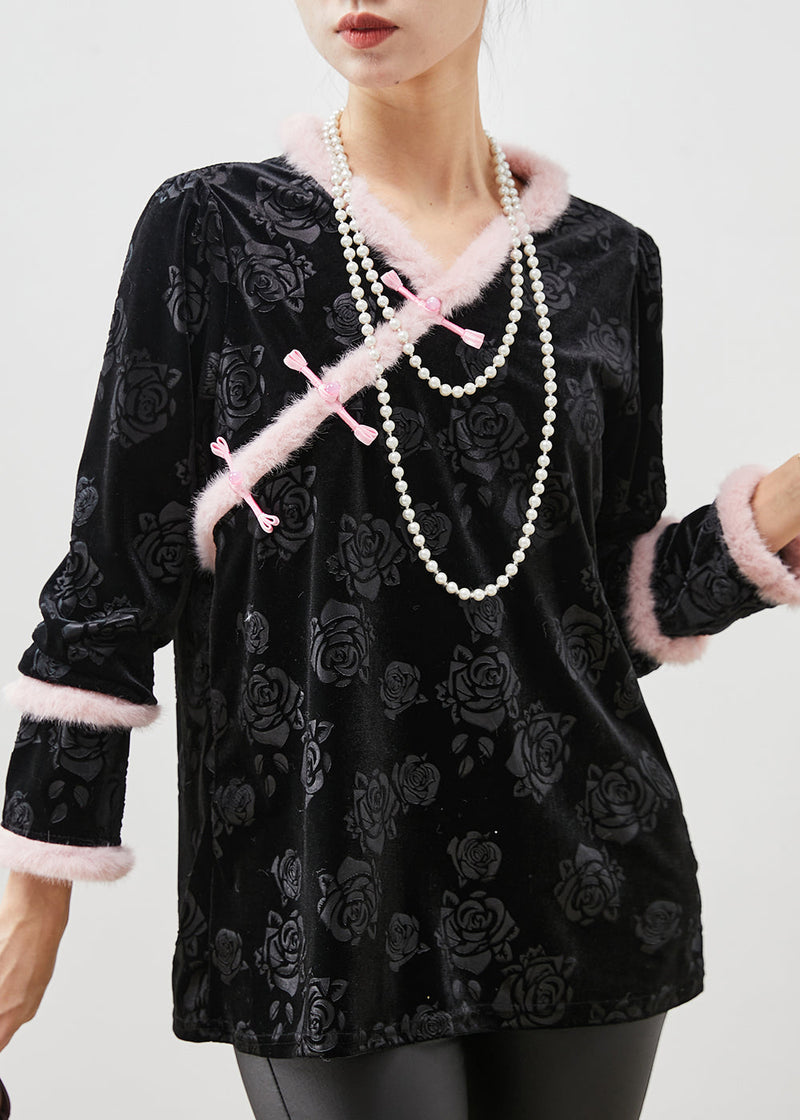 Black Jacquard Patchwork Oriental Silk Velour Shirt Tops Spring