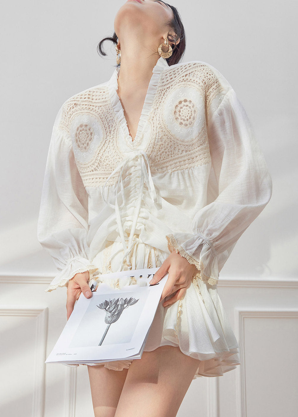White V Neck Drawstring Shirt and Skirts Two Piece Set Spring
