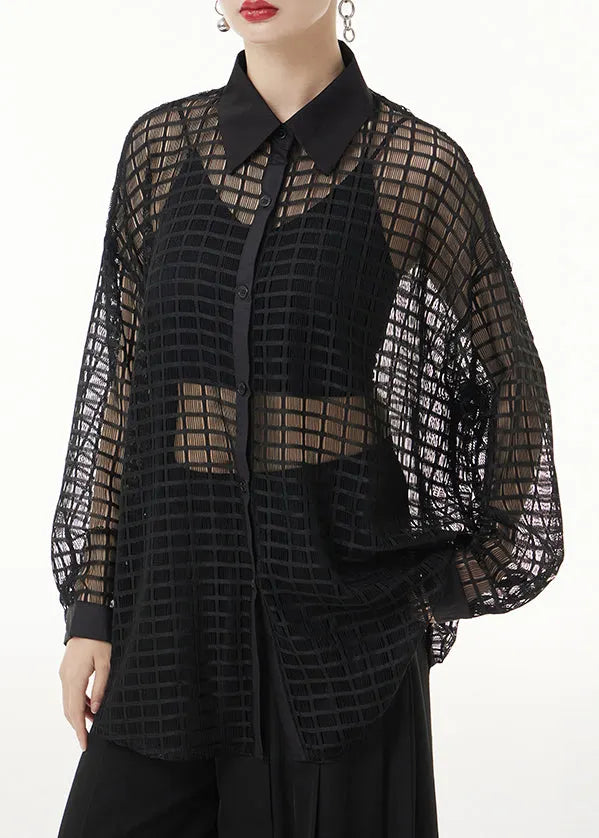 Black Peter Pan Collar Hollow Out Patchwork Lace Shirts Long Sleeve