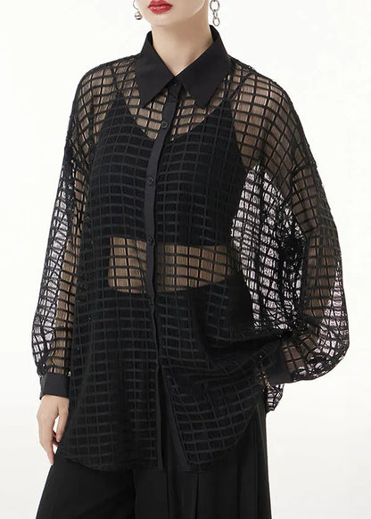 Black Peter Pan Collar Hollow Out Patchwork Lace Shirts Long Sleeve
