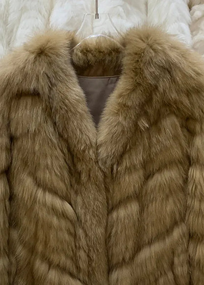 Vogue Khaki V Neck Leather and Fur Coats Winter