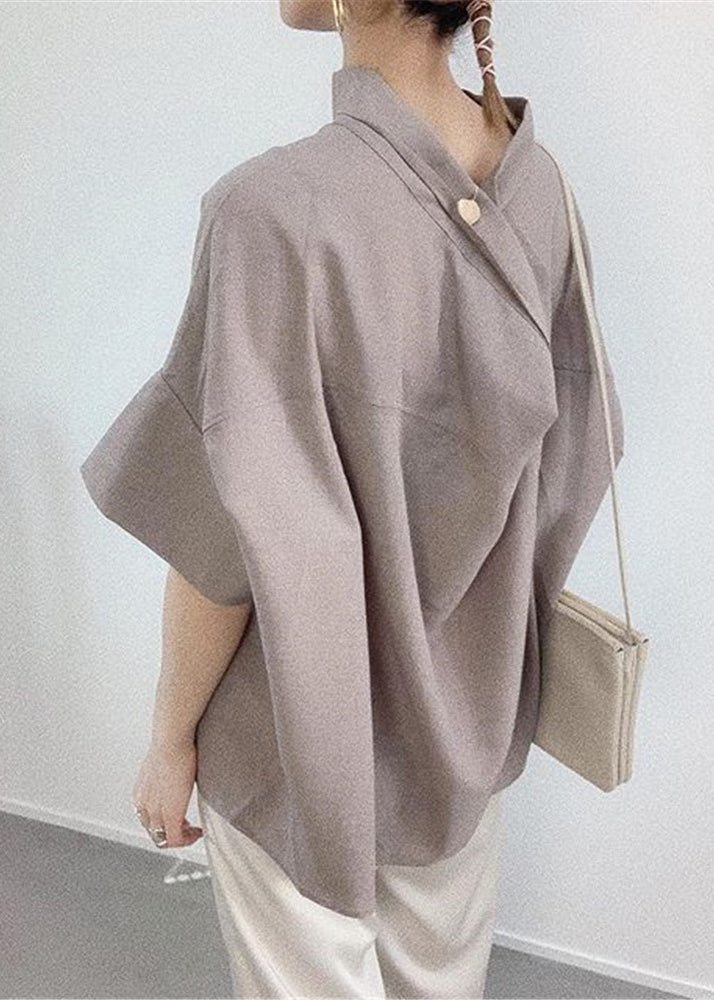 Navy Stand Collar Cotton Shirt Batwing Sleeve