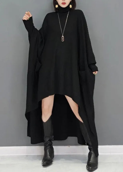 Black Patchwork Knit Sweater Dress Hign Neck Fall