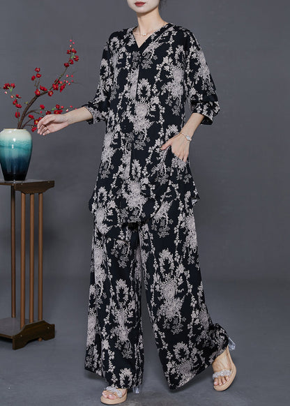 Black Print Silk Two Piece Set Clothing Oversized Spring