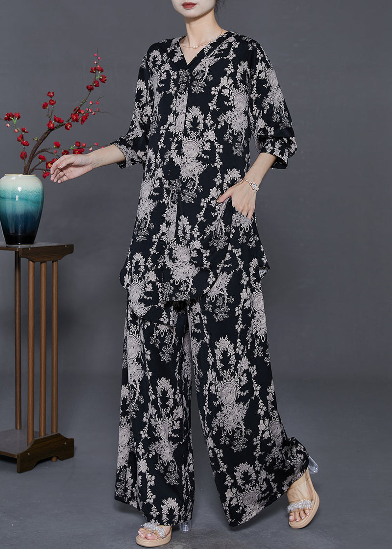 Black Print Silk Two Piece Set Clothing Oversized Spring