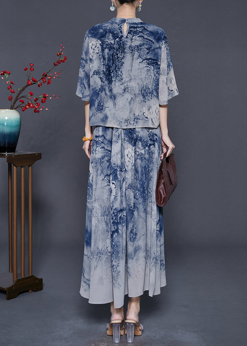 Blue Print Chiffon Two Piece Set Outfits Summer
