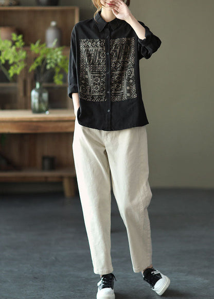 Black Peter Pan Collar Print Cotton Shirt Tops Long Sleeve