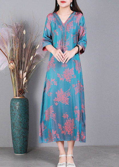 Lake Blue V Neck Jacquard Tassel Silk Holiday Dress Half Sleeve