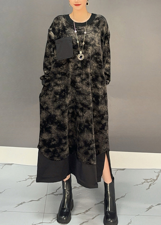 Black O-neck Tie Dye Side Open Silk Velour Maxi Dress Winter
