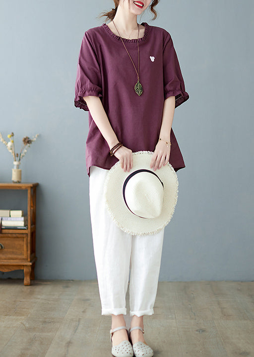 Purple Red O-neck Embroideried Ruffled Top Short Sleeve