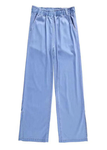 Light Blue Elastic Waist Side Open Drawstring Cotton Denim Pants Summer