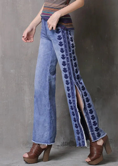 Light Blue Embroidered Side Open Pockets High Waist Jeans Summer