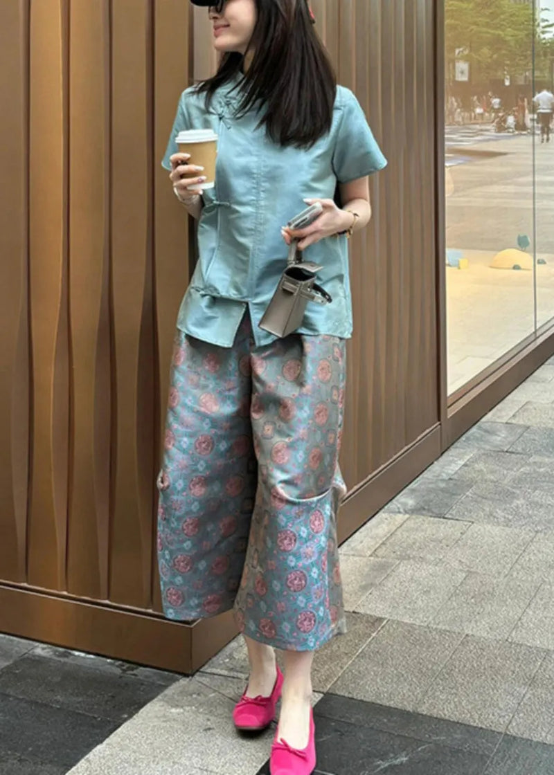 New Blue Button Shirt and Crop Pants Two-piece Set Summer