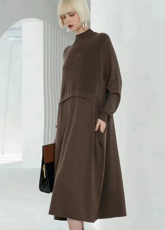 Chocolate Turtle Neck Patchwork Wool Knit Sweater Dress Long Sleeve