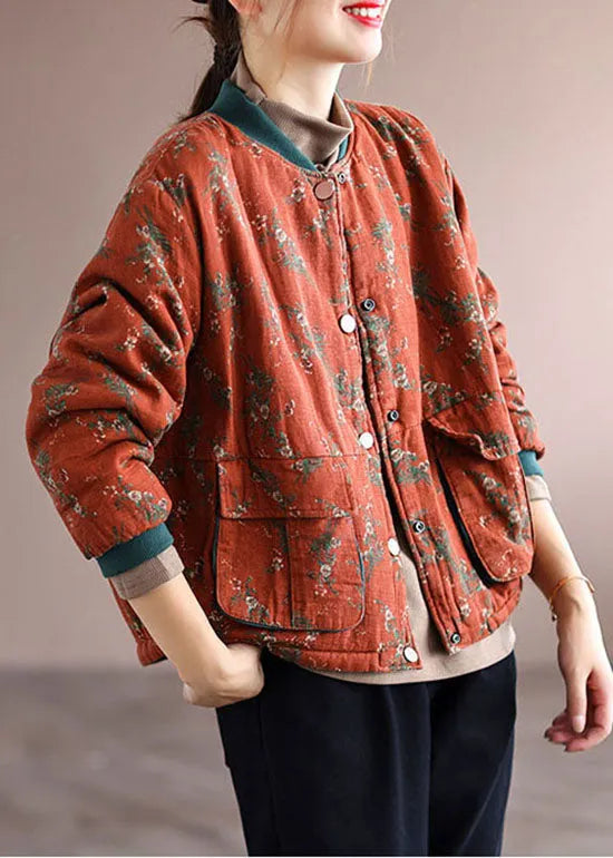 Orange Pockets Print Fine Cotton Filled Coats Spring