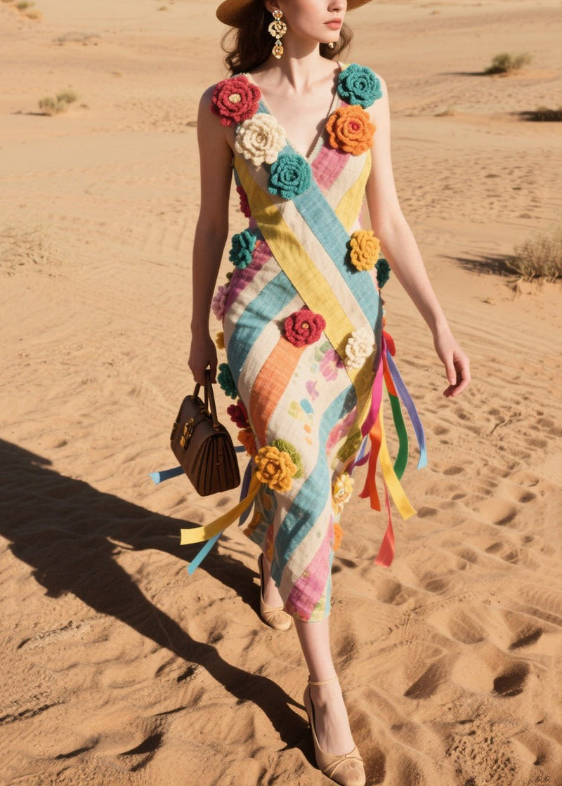 Multicolor Striped Knitted Flower Cotton Cami Dresses Summer