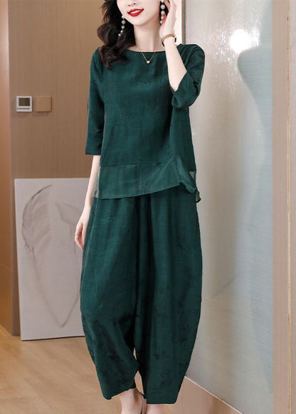 Green Oversized Patchwork Linen Two Pieces Set Spring