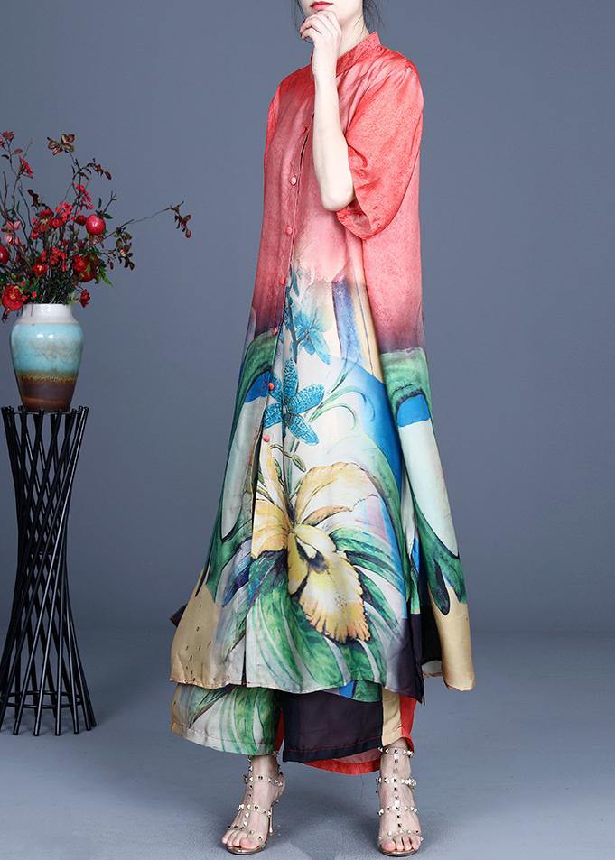 Natural Red Print Button Silk Sets Two Pieces Summer