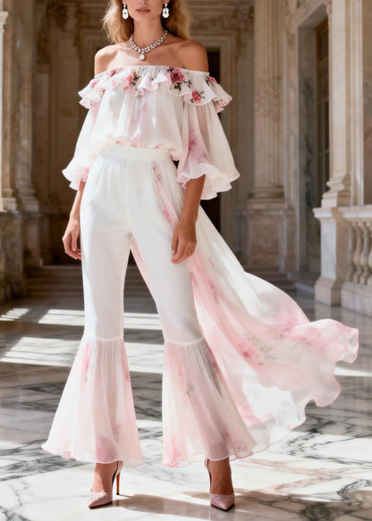 Classy Slash Neck Ruffled Patchwork Chiffon Two Pieces Set Summer
