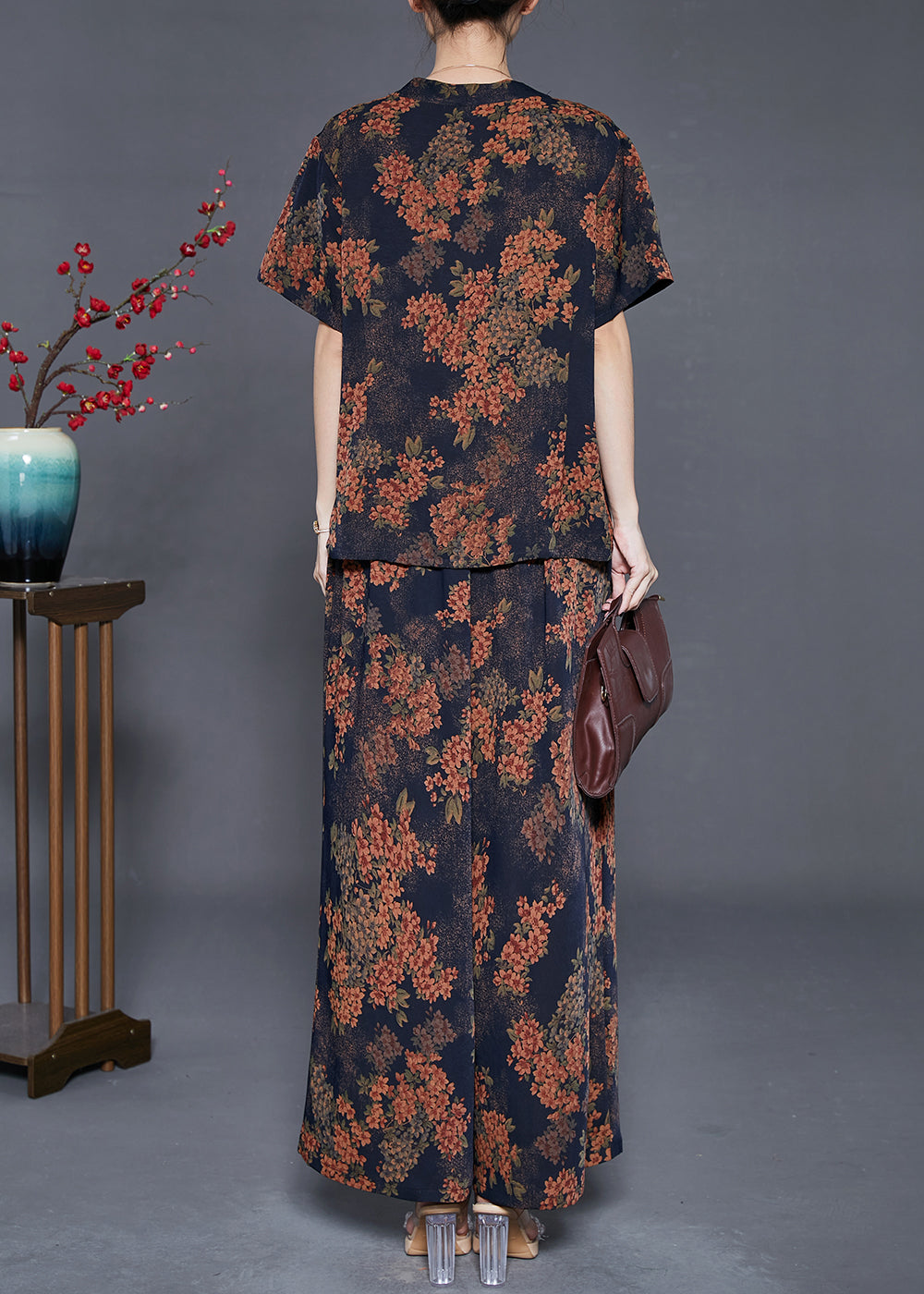 Black Print Silk Two Piece Set Clothing Bow Summer