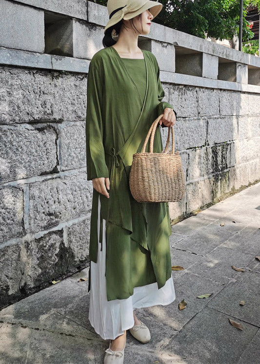 Modern Green Tie Waist Cotton Long Cardigans Summer