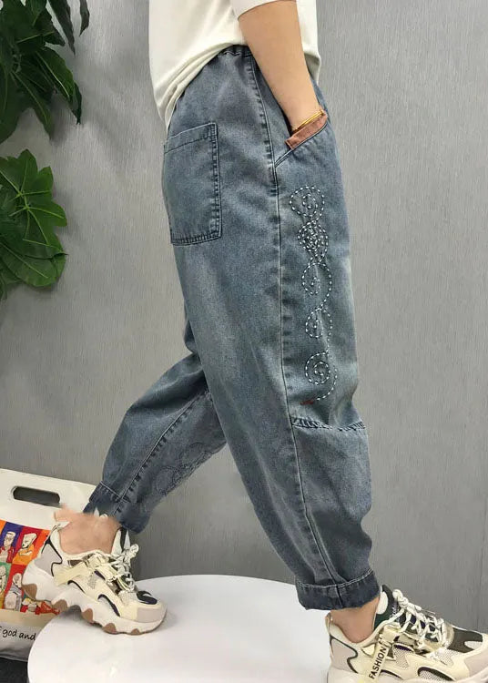 Natural Blue Embroideried Patchwork Denim Pants Spring