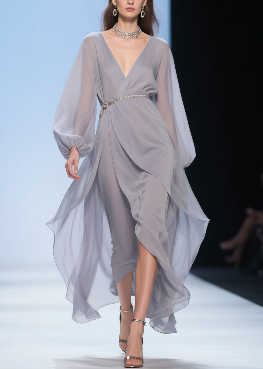 Pale Smoggy Gray V Neck High Waist Chiffon Dress Spring