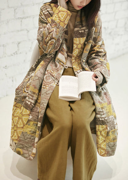 Coffee Yellow Pockets Print Chinese Button Fine Cotton Filled Coat Winter