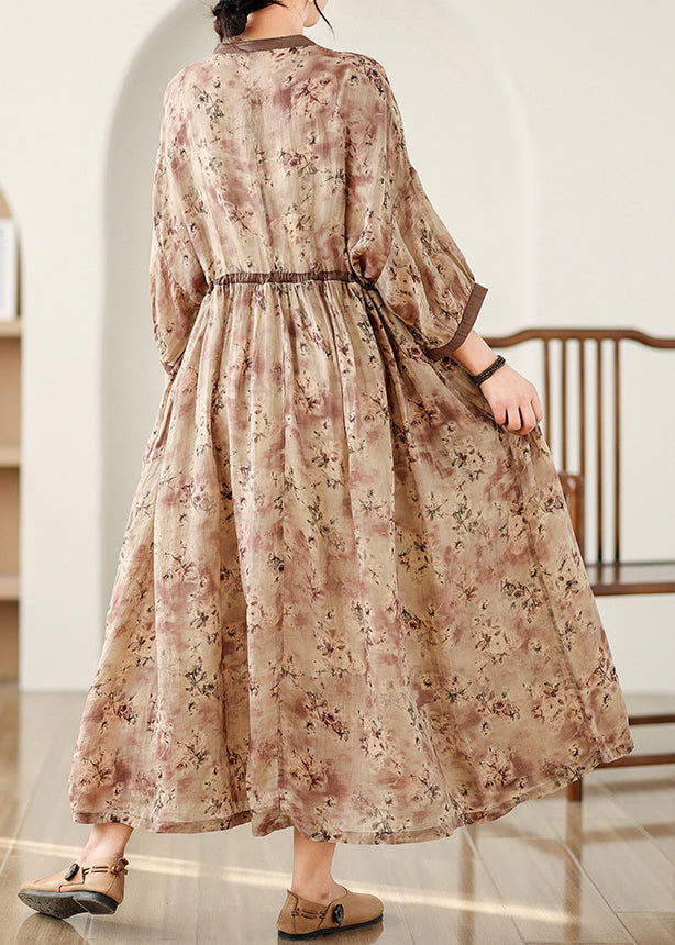 Khaki Print Tie Waist Pockets Cotton Long Dresses Fall