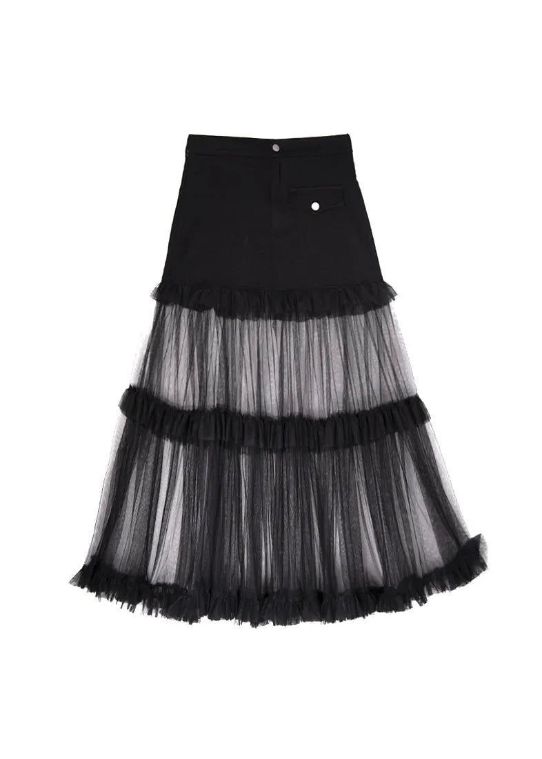 Original Design Black Ruffled Tulle Patchwork Denim Skirt Summer