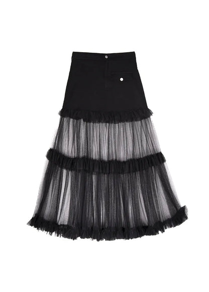 Original Design Black Ruffled Tulle Patchwork Denim Skirt Summer